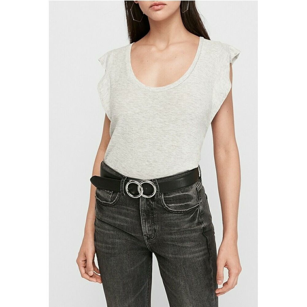 Express Womens Blouse Heathered Slub Ruffle Sleeve Tee Cotton Blend Gray Size S